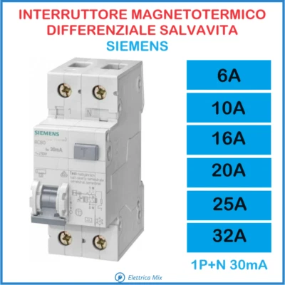 Interruttore Magnetotermico Differenziale 10a 16a 20a 25a 32a SIEMENS salvavita - Immagine 1 di 4