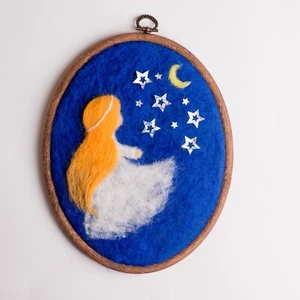 Handmade Wool Felt Wall Art – Starry Night Girl – Needle Felting Picture Gift - Picture 1 of 5