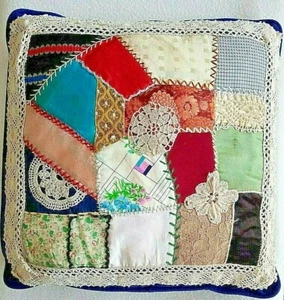Vtg Handcrafted Throw Pillow Patchwork Crazy Quilt Silk & Lace Velvet Back 17" - Picture 1 of 4