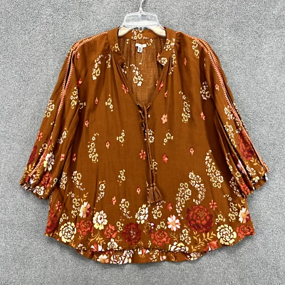 Blusa túnica de hadas manga abertura floral boho marrón mediano Ecote Top para mujer relajar Foto 1 de 4