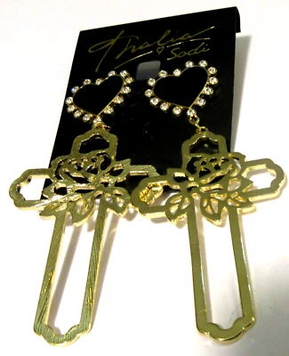 new THALIA SODI gold tone clear RHINESTONE flower CROSS black HEART drop earring - Image 1 of 4