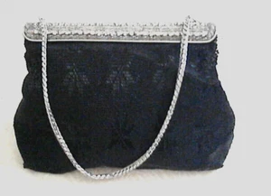 Set di poli vintage perline di cristallo borsa con fibbia nero cinturino Chn linea raso 1 tasca - Foto 1 di 10