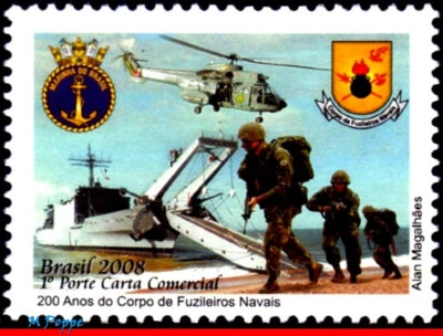 3040 BRASIL 2008 CUERPO DE MARINES, 200 AÑOS, MILITARISMO, HELICÓPTERO, ESCUDOS DE ARMAS, MNH Foto 1 de 2