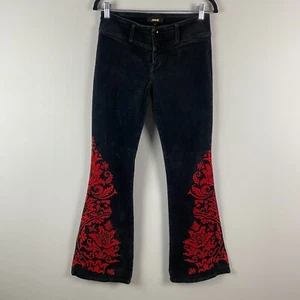 JNCO Vintage Velvet Flare Pants Size 7 Black Red Low Rise Y2K Stretch - Picture 1 of 11