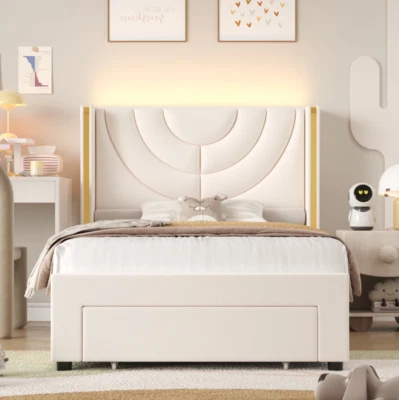 Marco De Cama Plataforma Tapizada en Terciopelo Cama Twin Size Cabecera LED - Image 1 of 4