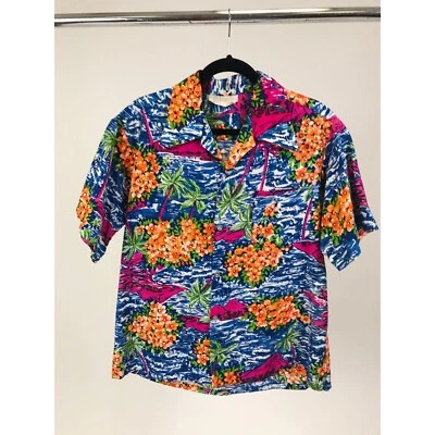 Vintage 1940s-1950s Men's Cotton Hawaiian Shirt with Orange Hibiscus & Palm tree - Image 1 of 4