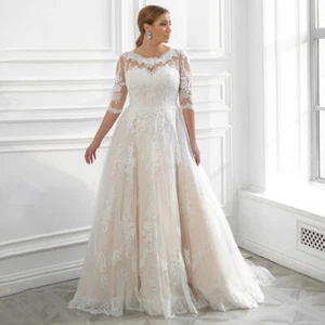 Classic Plus Size Wedding Dresses Scoop Neck Half Sleeves Applique Bride Gowns - Picture 1 of 8