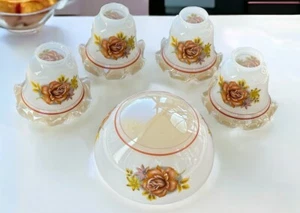Fan Glass Lamp Globe Shades Lustreware Luster Brown Peach Roses Ruffled Vintage - Picture 1 of 18