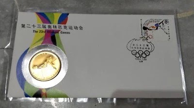 China 1984 23rd Olympic Games Los Angeles Stamp FDC inlaid bronze medal Coin - Image 1 of 4
