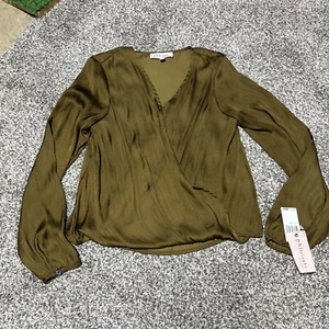 PHILOSOPHY Bronze Satin Feel Long Sleeve Wrap Top Women's NWT Size Small - Picture 1 of 10