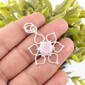 925 Sterling Silver Handmade Jewelry Natural Rose Chalcedony Gemstone Pendant - Picture 1 of 3