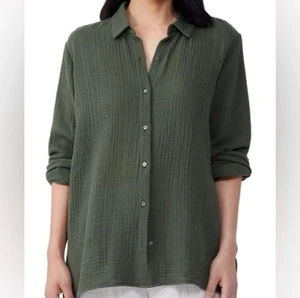 Eileen Fisher Bio Baumwolle Gaze Button Down Hemd olivgrün Gr. 0-2 PP/PTP - Bild 1 von 10