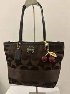 Coach Handbag Monogram Vintage Signature Stripe Chocolate Brown Sateen Bag - Picture 1 of 8