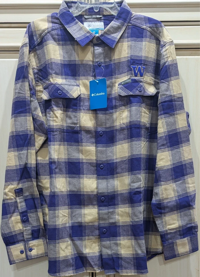 Washington Huskies Flannel Shirt Columbia Flare Gun Long Sleeve XL Purple Plaid
