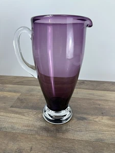 Vintage Clear Amethyst Purple Hand Blown Polish Glass Pitcher With Handle 11 in. - Picture 1 of 12