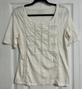 Talbots Petite Medium weiß Damen Bluse mit Ösen vorne Kurzarm U-Boot-Ausschnitt - Bild 1 von 9
