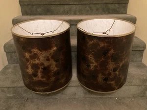 Rare Pair MCM Stiffel Oyster Pattern Drum Barrel Lampshade 16” Tall X 16” - Picture 1 of 5