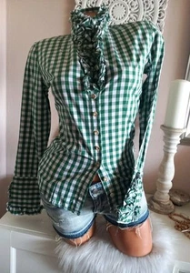 ALMSACH Trachtenbluse WIESN FEST grün- kariert Gr 32 von Cotton RÜSCHEN BÄNDER - Bild 1 von 7