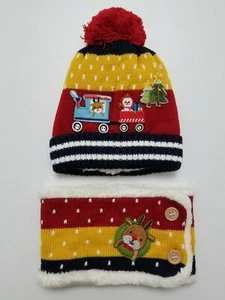 Kinder Burgunderrot Bommel Weihnachten Strick Fleece Winter Ski Beanie Mütze Halswärmer - Bild 1 von 7