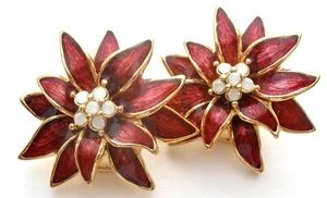 Nolan Miller Poinsettia Earrings With Crystals Red Guilloche Enamel Clip On - Picture 1 of 7