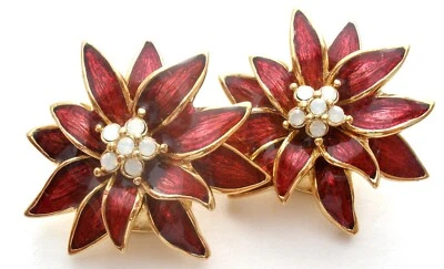 Pendientes Nolan Miller Poinsettia Con Cristales Esmalte Guilloche Rojo Clip On Foto 1 de 4