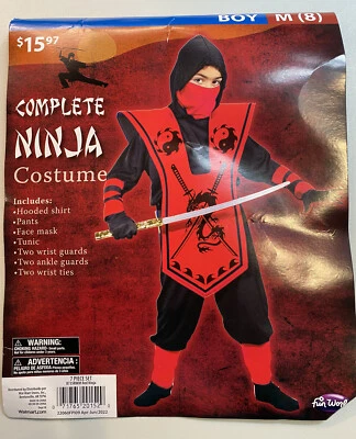 Disfraz Completo Ninja Rojo Negro Fun World Niño Niño 7 Piezas Conjunto Talla M(8) Nuevo Foto 1 de 4