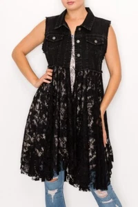 NEGRO bohemio ORIGAMI cárdigan plumero ENCAJE Y DENIM chaleco camisa SM-3XL vintage  - Imagen 1 de 4