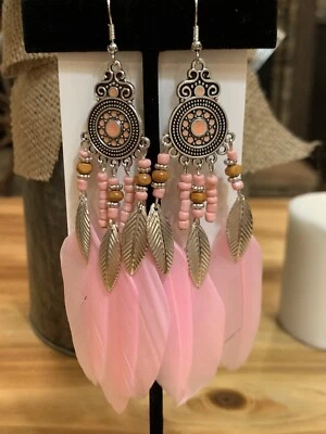 Beautiful BO~HO Pink Feather Earrings With Seed Beads 🔥🔥 BNWTs - Image 1 of 4