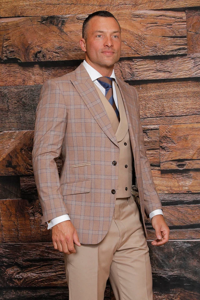 NWT 44R MENS CAMEL 2 BUTTON 3PC COMPOSE SUIT DB VEST,MODERN FIT, 2 SIDE VENT - Image 1 of 1