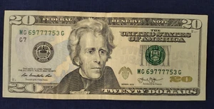 Fancy # $20 Note 4-of-a-kind Quad 7's Slight Bleed Through Error MG69777753G - Picture 1 of 19