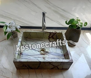 Green Rainforest Marble Bathroom Basin – Rectangular Vessel Sink (19-5/8" x 15-3 - Picture 1 of 4