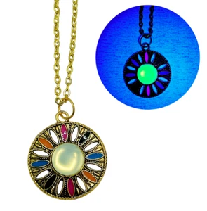 Yellow Opal Czech Uranium Glass & Gold Multi-Color Pendant UV Necklace Jewelry - Picture 1 of 13