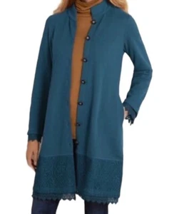 Soft Surroundings Long Jacket Coat Blue Large Petite Chelsea Lace Embellished - Picture 1 of 20