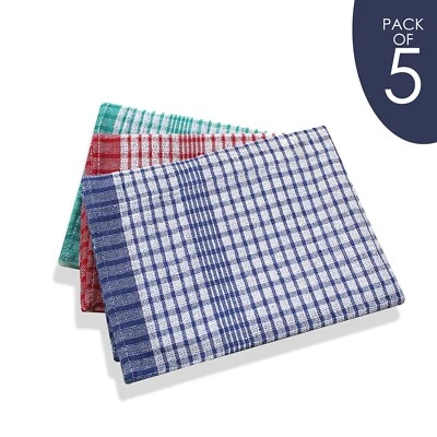 COTTON CREED Kitchen Tea Towel BLUE Wonderdry Multi Purpose Catering Cloths Checked - 5 Pack