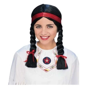 Womens Native American Indian Wig Long Black Braided Wig Red Braid Bands Adult - Picture 1 of 1