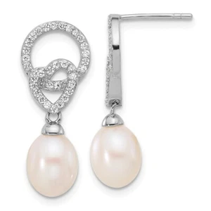 Sterling Silver 7-8mm Pearl & Cubic Zirconia Heart Drop Earrings 3.09gm L-26 mm - Picture 1 of 4