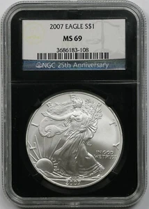 2007 Silver Eagle $1 MS 69 NGC *Black Retro Slab* 25th Anniversary - Picture 1 of 2
