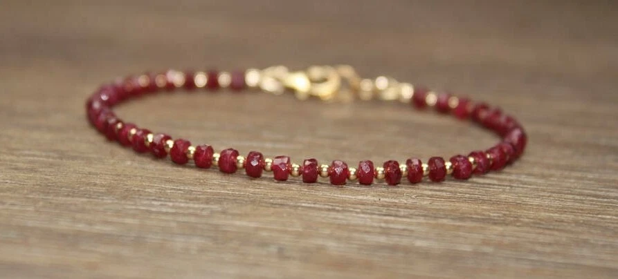 July Birthstone Natural Ruby Gemstone Bracelet 7.5" Gold Filled Silver Clasp A1 - Image 1 of 4