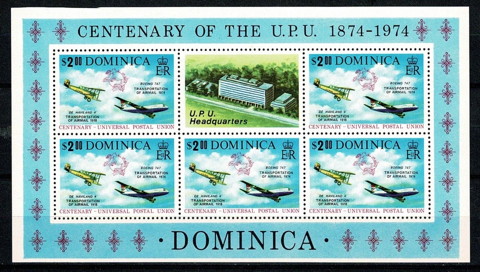 Folha miniatura SE78 DOMINICA 1974 Centenário da U.P.U.   MNH - Imagem 1 de 1