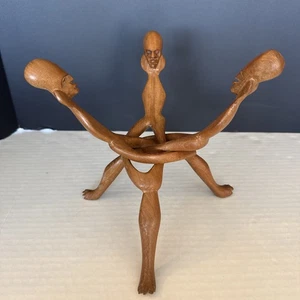 Vintage afrikanisches Holz 3 Mann Einheit Skulptur Einheit Schüssel Halter Verriegelung Stammeskunst - Bild 1 von 24
