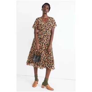 Madewell Women’s Sz 12 Floral Ruffle Hem Midi Dress Dolman Sleeve Flower Garden - Imagen 1 de 14