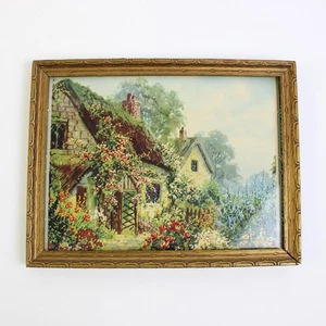 Vintage englisches reetgedecktes Landhaus, Blumen verzierter gerahmter Druck, 8,10"x6,10" - Bild 1 von 5