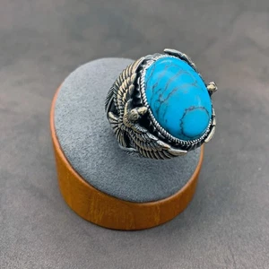 Anillo de águila de plata de ley 925 con piedra turquesa genuina - sólido pesado - Imagen 1 de 8