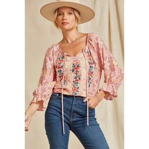 Top campesino boho azteca bordado floral Savanna Jane para mujer talla S - Imagen 1 de 14