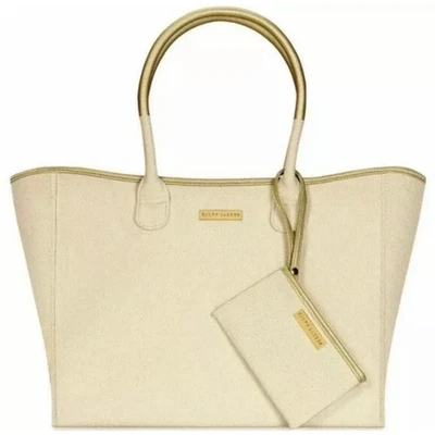 Ralph Lauren Bolso de Mano Cartera de Lona Playa Bolso de Hombro Dorado Crema Bolso de Mano NUEVO Foto 1 de 4