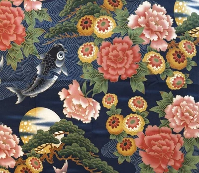 Tela de edredón de algodón japonés onda de peces koi asiáticos RPJ08 KONA BAY RARA FUERA DE USO 17 X 21 Foto 1 de 2