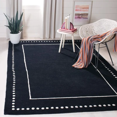 Bella Collection Area Rug - 5' Square, Black & Ivory, Handmade Dotted Border ... - Image 1 of 4
