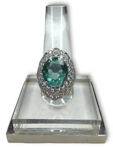 Sterling Silver Brazilian Green Spinel CZ Ring Size 6.75 Oval Gemstone - Picture 1 of 16