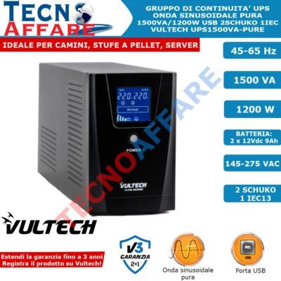 Gruppo Di Continuità UPS 1500VA Onda Sinusoidale Pura Per Server PC DVR Vultech - Image 1 of 4