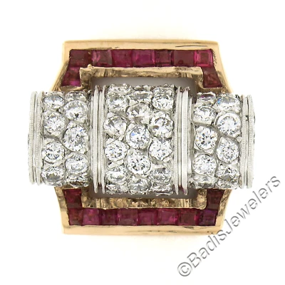 Único conjunto de anillos retro vintage de oro de 14k y platino de 2,75 ctw con inserción de diamantes y rubíes Foto 1 de 4